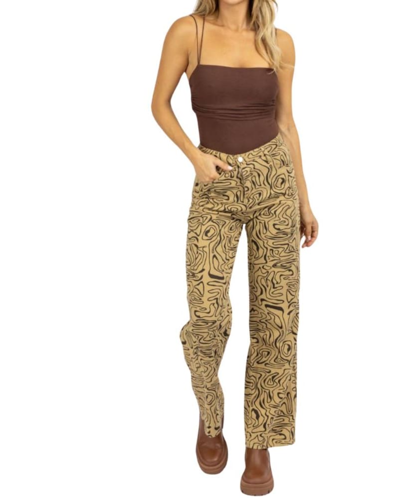 Front of a model wearing a size L Abstract High Rise Flare Jean In Taupe in Taupe by Bailey Rose. | dia_product_style_image_id:360597